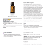 doTERRA Cinnamon essential oil bottle shown with its product information sheet
