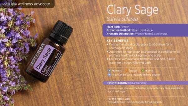 doTERRA Wellness Advocate infographic for Clary Sage essential oil, listing its plant part, extraction method, aromatic description, and key benefits
