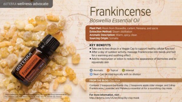 doTERRA Wellness Advocate infographic for Frankincense essential oil, listing its plant part, extraction method, aromatic description, and key benefits
