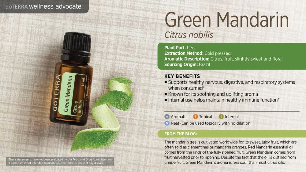doTERRA Wellness Advocate infographic for Green Mandarin essential oil, listing its plant part, extraction method, aromatic description, and key benefits