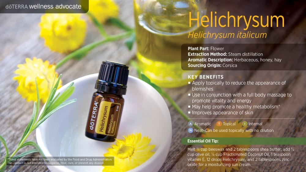 doTERRA Wellness Advocate infographic for Helichrysum essential oil, listing its plant part, extraction method, aromatic description, and key benefits
