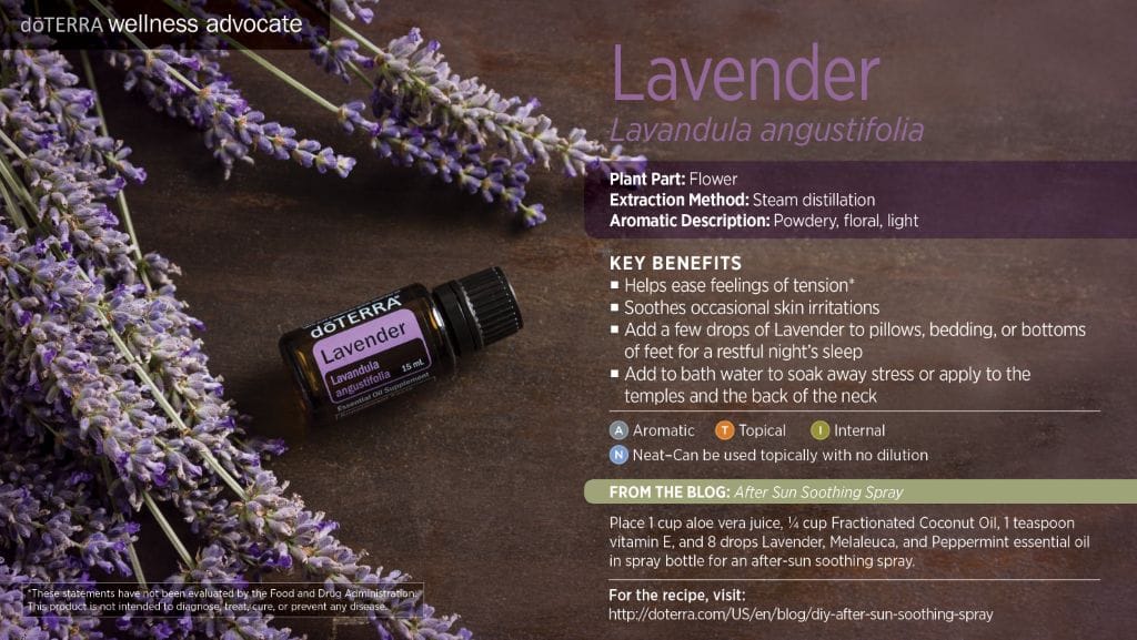 doTERRA Wellness Advocate infographic for Lavender essential oil, listing its plant part, extraction method, aromatic description, and key benefits