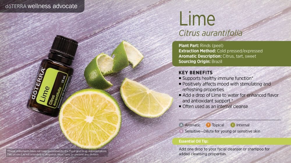 doTERRA Wellness Advocate infographic for Lime essential oil, listing its plant part, extraction method, aromatic description, and key benefits