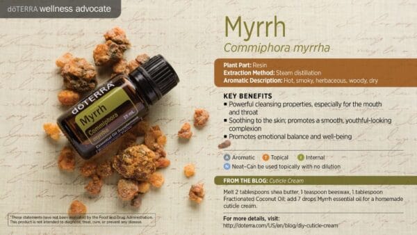 doTERRA Wellness Advocate infographic for Myrrh essential oil, listing its plant part, extraction method, aromatic description, and key benefits