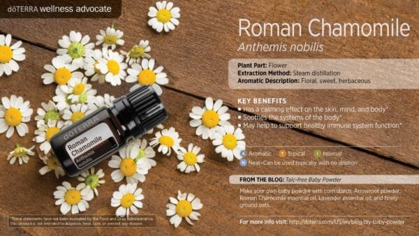 doTERRA Wellness Advocate infographic for Roman Chamomile essential oil, listing its plant part, extraction method, aromatic description, and key benefits