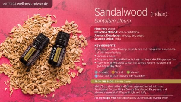 doTERRA Wellness Advocate infographic for Sandalwood essential oil, listing its plant part, extraction method, aromatic description, and key benefits