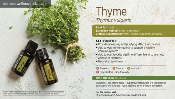 doTERRA Wellness Advocate infographic for Thyme essential oil, listing its plant part, extraction method, aromatic description, and key benefits