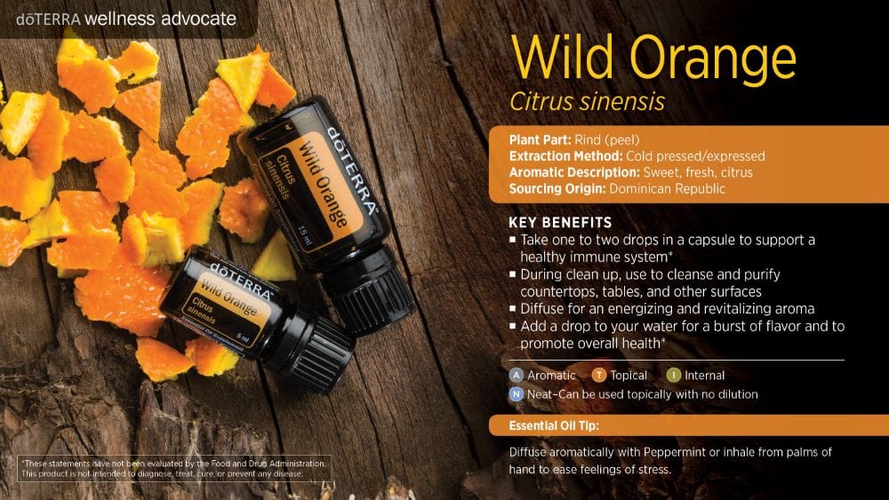 doTERRA Wellness Advocate infographic for Wild Orange essential oil, listing its plant part, extraction method, aromatic description, and key benefits