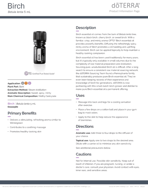 doTERRA Birch essential oil bottle shown with its product information sheet