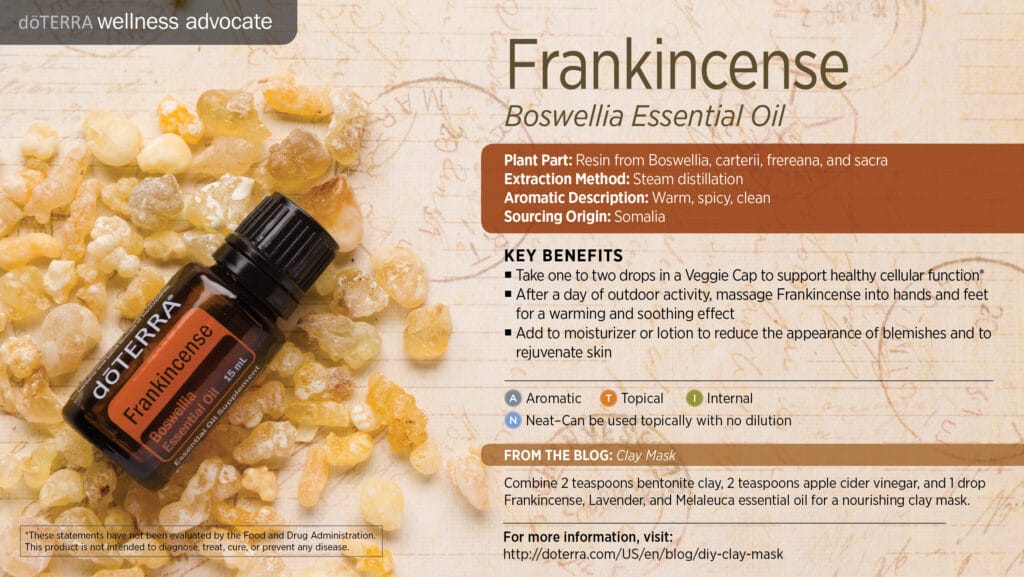 doTERRA Wellness Advocate infographic for Frankincense essential oil, listing its plant part, extraction method, aromatic description, and key benefits