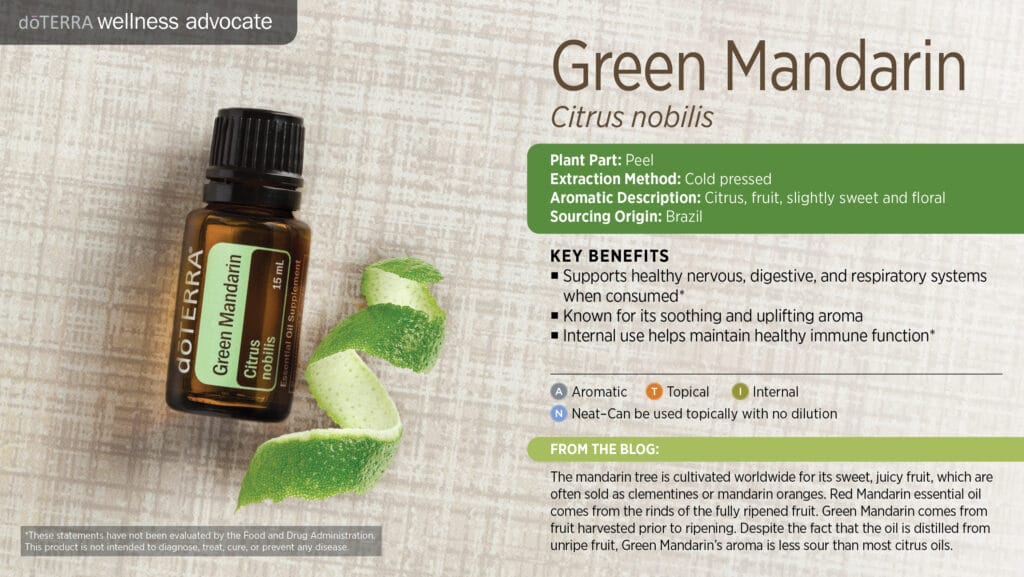 doTERRA Wellness Advocate infographic for Green Mandarin essential oil, listing its plant part, extraction method, aromatic description, and key benefits