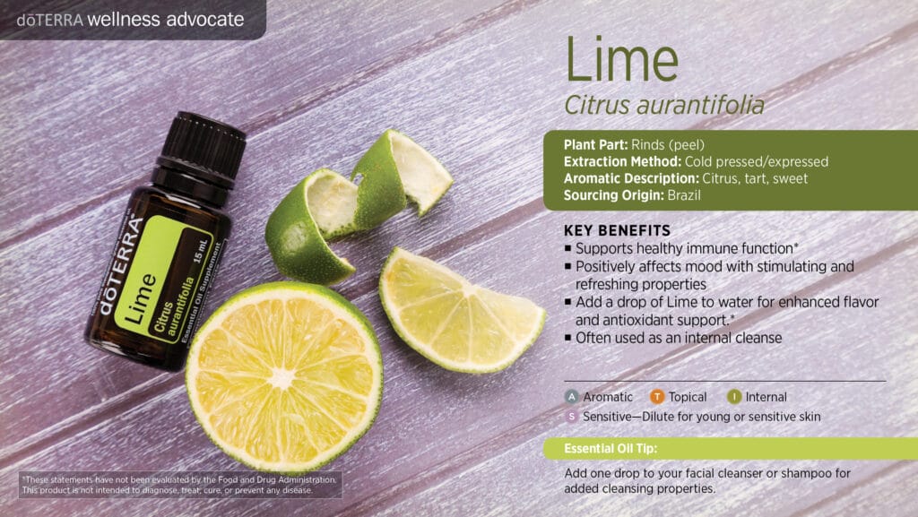 doTERRA Wellness Advocate infographic for Lime essential oil, listing its plant part, extraction method, aromatic description, and key benefits