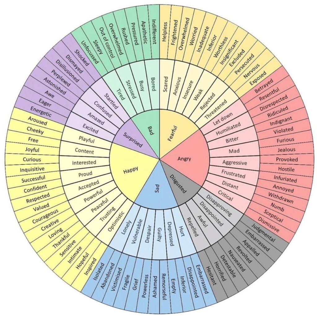 Emotions wheel diagram grouping core feelings — happy, sad, angry, fearful, surprised, and bad — into more specific emotions