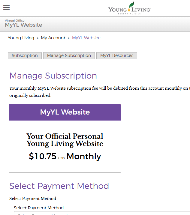 Screenshot of the Young Living MyYL Website subscription page showing a $10.75 monthly fee