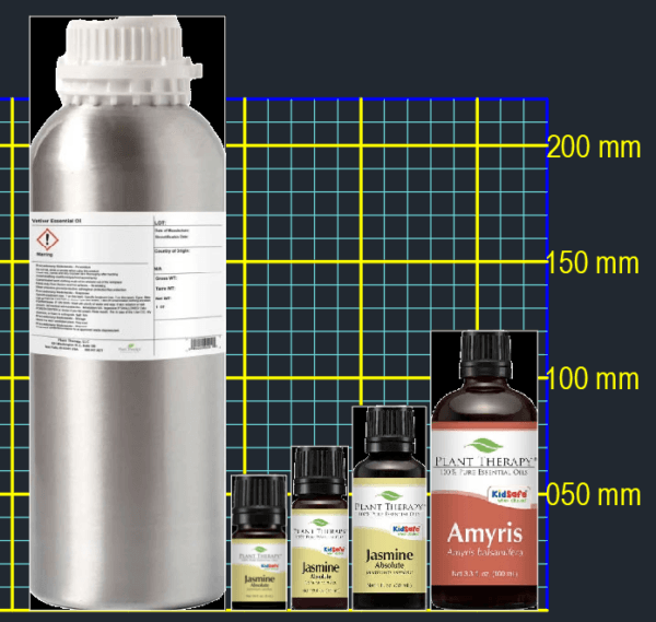 Plant Therapy essential oil bottle sizes compared against a metric ruler, from a 5 mL bottle up to a bulk aluminum canister