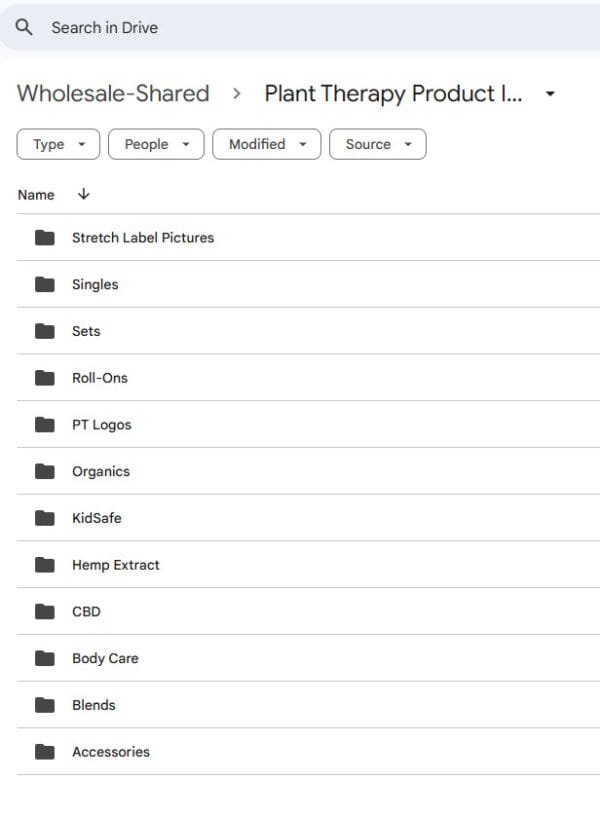 Screenshot of Plant Therapy’s shared Google Drive folder of wholesale product images