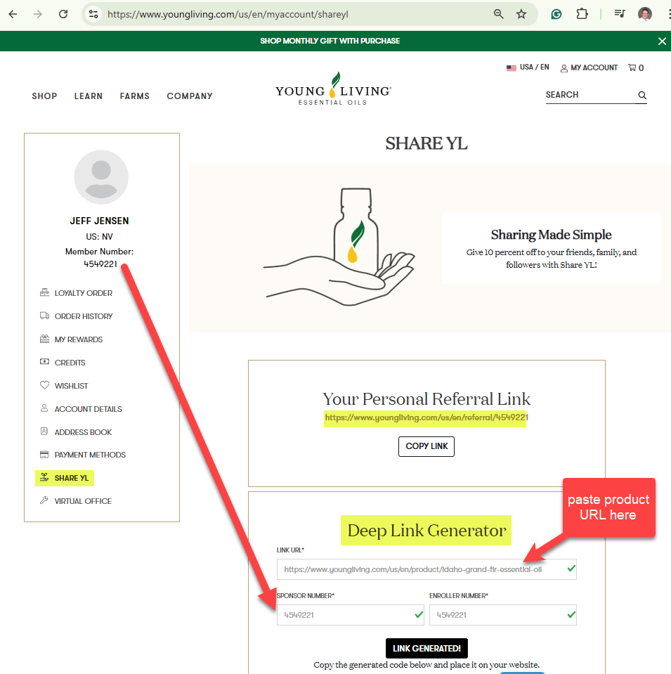 Screenshot of the Young Living Share YL account page with the Deep Link Generator tool highlighted