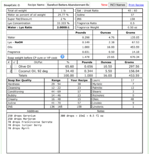 SoapCalc recipe screenshot for the Barefoot Betters Abandonment Bars, showing the olive and coconut oil formula and soap-quality values