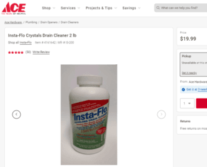 Ace Hardware product listing for Insta-Flo Crystals Drain Cleaner, a lye drain opener