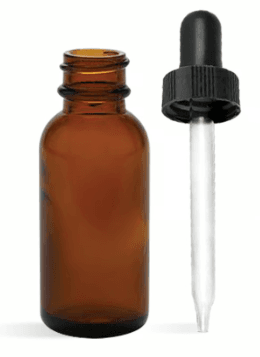 Amber glass bottle with a black glass-dropper top for storing essential oils