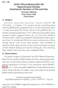 Page of AOAC Official Method 920.160 for determining the saponification number of oils and fats