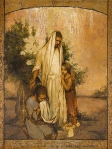 Painting of Jesus Christ in white robes tenderly comforting two children