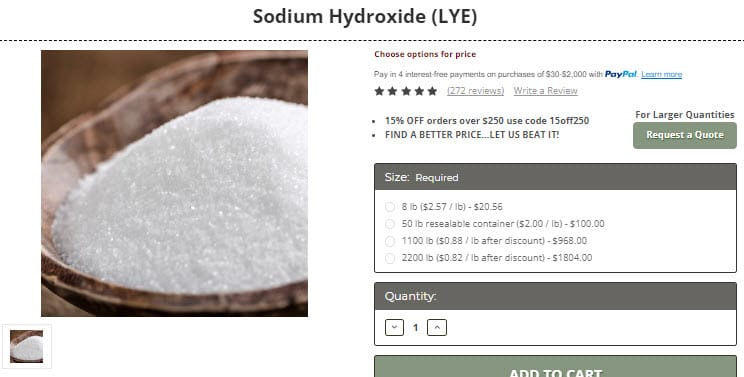 Bulk Apothecary Sodium Hydroxide (lye) product page showing white lye flakes in a wooden bowl with bulk size options