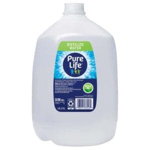 One-gallon jug of Pure Life distilled water used for mixing lye solution
