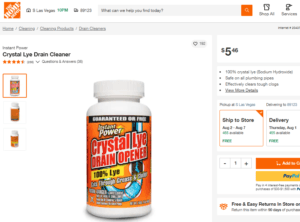Home Depot product listing for Instant Power 100% Crystal Lye Drain Opener, a pure sodium hydroxide source
