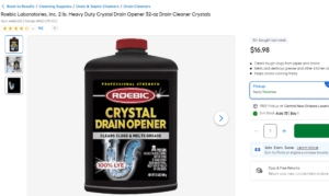 Lowe’s product listing for Roebic 100% lye Crystal Drain Opener