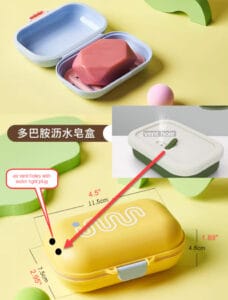 Draining travel soap case holding a pink bar, shown open with labeled dimensions