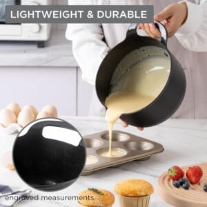 Nonstick mixing bowl with engraved measurements pouring batter, shown as a durable soap-making bowl