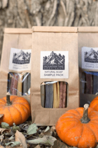 Mountain Time Soap natural soap sample packs in kraft bags displayed with pumpkins