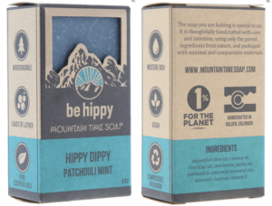 Front and back of Mountain Time Soap ‘Hippy Dippy Patchouli Mint’ boxed soap
