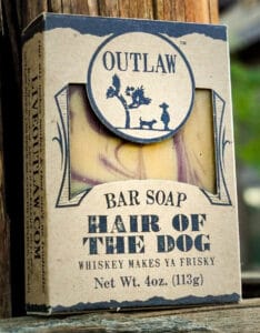 Outlaw ‘Hair of the Dog’ whiskey-scented bar soap in its kraft-paper box