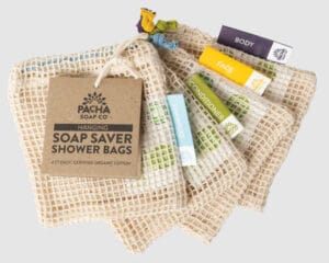 Pacha Soap Co. jute mesh soap-saver shower bags holding bars of soap