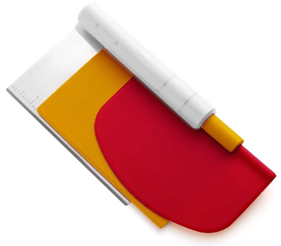 Three-in-one bench scraper set with a metal blade and flexible yellow and red plastic scrapers