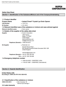 First page of the Safety Data Sheet for Instant Power Crystal Lye Drain Opener