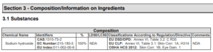 Safety Data Sheet ingredient excerpt confirming the product is sodium hydroxide
