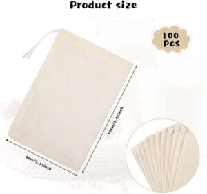 Set of unbleached cheesecloth drawstring bags for straining or holding soap, shown with dimensions
