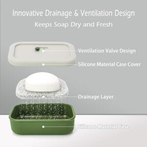 Green silicone soap case with a drainage layer and ventilation valve, shown in an exploded view keeping the bar dry