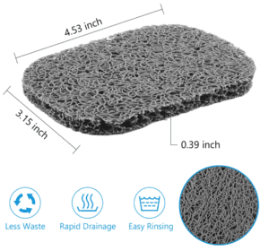 Gray draining soap-saver mat with labeled dimensions and icons for less waste, rapid drainage, and easy rinsing