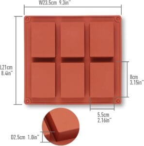 Red silicone six-cavity rectangular soap mold with labeled dimensions
