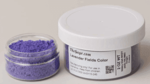 Jar of TheSage.com Lavender Fields purple soap colorant powder beside a small sample dish