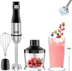 YASHE immersion blender set with whisk and chopper attachments, used to bring soap batter to trace