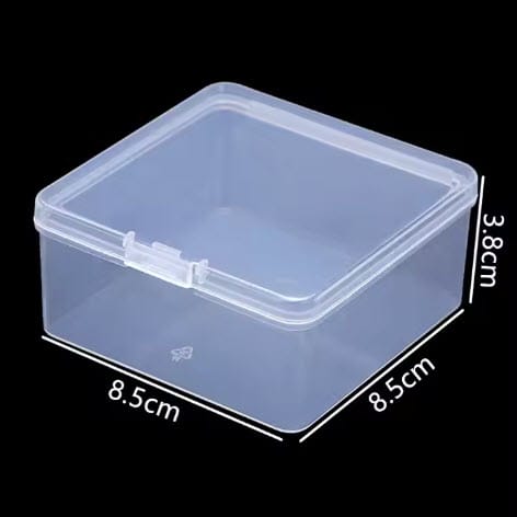 Clear hinged plastic storage box measuring 8.5 by 8.5 by 3.8 centimeters