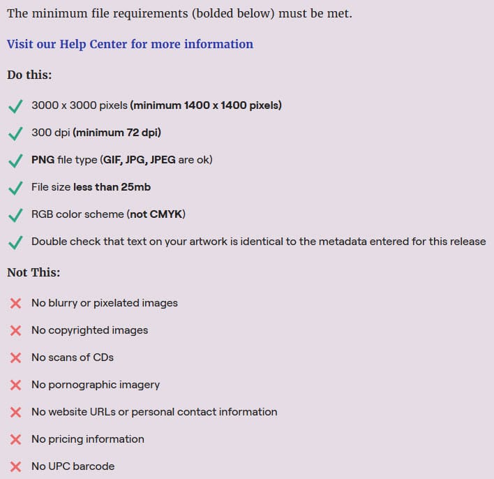CD Baby album-artwork requirements checklist listing minimum specs (3000x3000 px, 300 dpi, PNG, RGB) and prohibited content