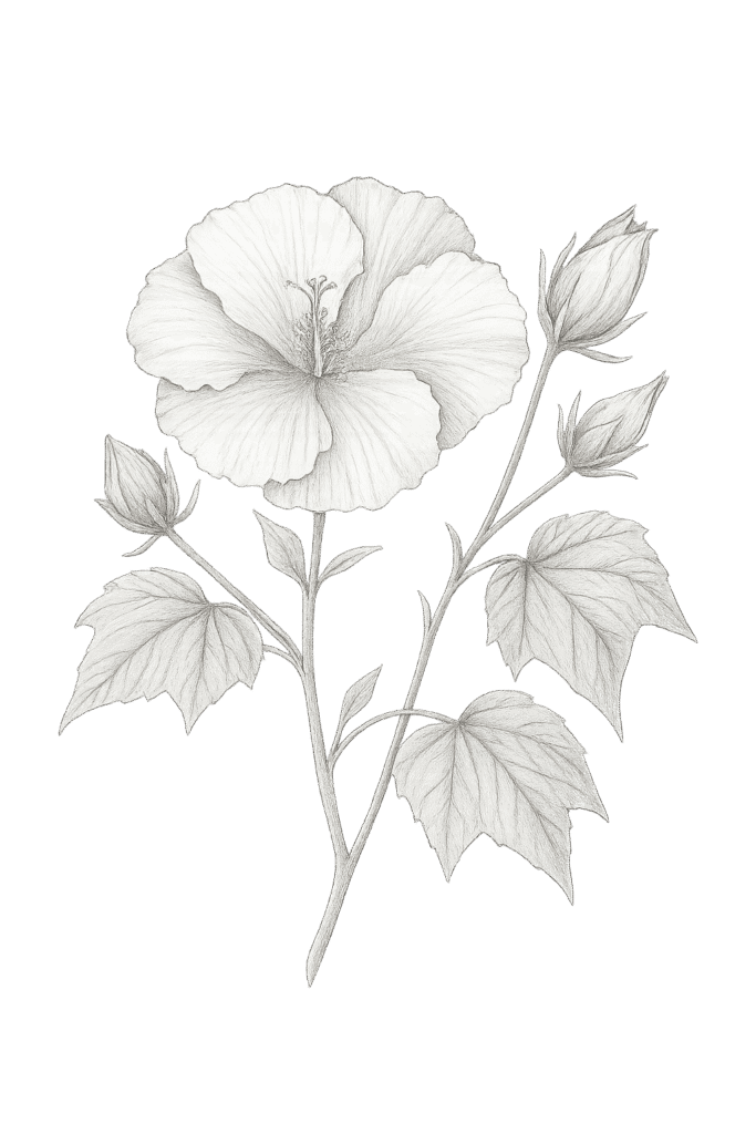Pencil illustration of a cotton rose flower with buds and leaves