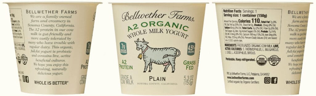 Bellwether Farms A2 Organic whole milk plain yogurt cup shown from three sides