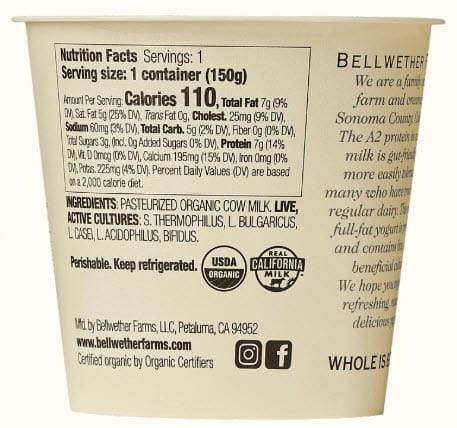 Nutrition and ingredients panel on a Bellwether Farms A2 organic yogurt cup, listing its live active cultures